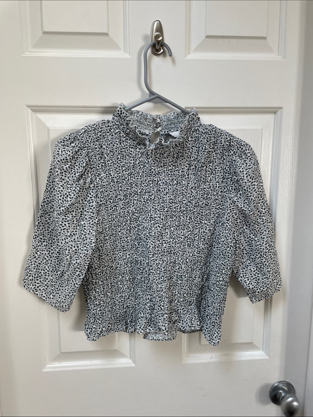 H&M Teal & White Smocked Ruffle Neck Blouse